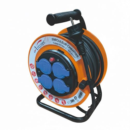 Enrouleur PRO de Chantier 3G1.5 25m IP44 Platine Fixe (Anti Twist) - Câble H07RN-F - 4 Prises 16A - Garantie 2 Ans