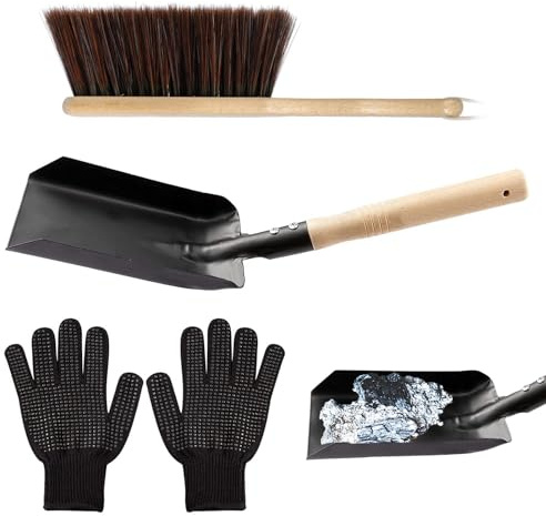 Juego De Limpieza Para Chimenea | Incluye Guantes Con Mango De Madera Y Metal | Pala Para Estufa De Leña Y Cepillo Para Fogón - Para Mantenimiento De Estufa Y Fogón En Interior Y Exterior