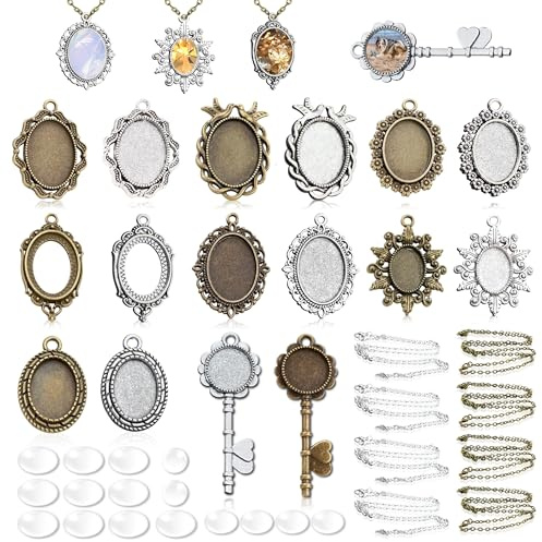 YinnFeen 40 Stück Anhänger Tabletts, 16 Stile Cabochon Rohlinge Zubehör, Vintage Ovale Runde Lünette Anhänger Tabletts Blank Charm Anhängers mit Glas Cabochons für Schmuckherstellung DIY Foto Schmuck