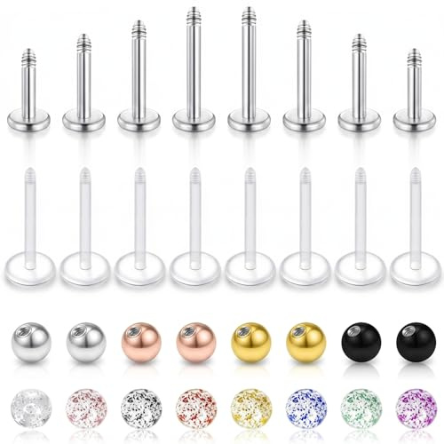 CIZME Labret Piercing 16G 1.2mm Chirurgenstahl Bioflex Lippenpiercing Ohr | Ohrstecker Set 4/6/8/10mm Kugel Flatback Tragus Helix Conch Schmuck Silber Bunt Transparent Piercings Stecker Damen