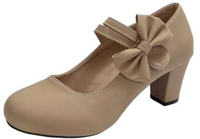 Scarpe da donna eleganti con tacco alto, Mary Jane, scarpe da donna per costume tradizionale Dirndl, Oktoberfest, con fiocco, cachi, 36 EU