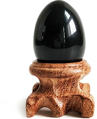 Polar Jade Sfera per uova in ossidiana nera con supporto in legno per la guarigione della meditazione, bilanciamento dei chakra e decorazione della casa (piccola dimensione)