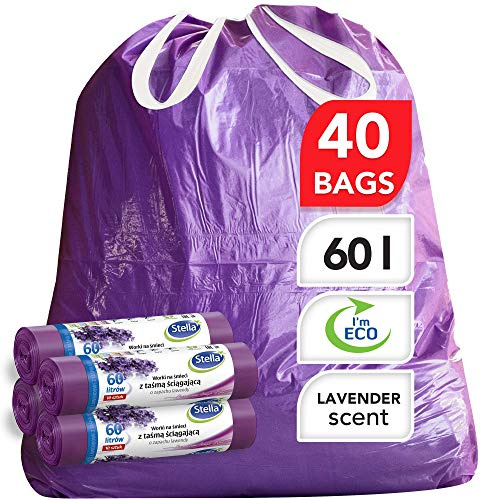 Stella Pack Bolsas Basura con Cuerda Bolsas de Basura Moradas 60l Resistentes para Cocina y Hogar con Aroma Lavanda Impermeables Diseño Práctico Seguro