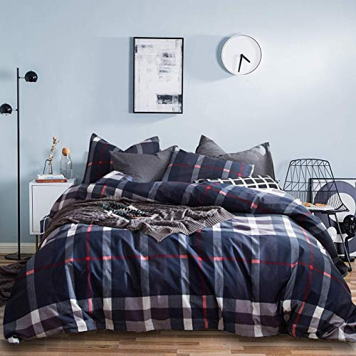 Jumeey Plaid Duvet Cover Queen Size Navy Blue Grid Bedding Set Buffalo Plaid Bedding Duvet Cover Teens Boys Dark Color Gingham Grid Bedding Tartan Bedding Sets Queen