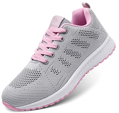 Kvinnor Sport Löparskor Andningsaktiv Luftkudde Sneakers Mode Sport Gym Jogging Tennis Fitness Gymnastikskor, A08 Grå Rosa, 39 EU