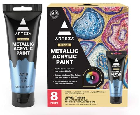Arteza Metallic Acrylic Paint, Set of 8 Jewel Tones Colors in 4.06oz Tubes, Rich Pigments, Non Fading, Paints for Artists and Hobby Painters