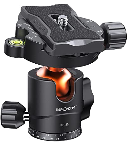 K&F Concept 25mm Tripod Ball Head 360° Panoramic, Low Profile Ball Head with 1/4 Screw 3/8 Thread Mount and QR Plate, Bubble Level for Camera, Tripod, Monopod, binocular, Load Capacity up to 8KG