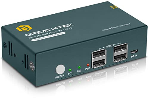 Displayport KVM Switch Dual Monitor 2 Porte, 4K @60Hz 4 Hub USB 2.0, Switch KVM 2 Computer 2 Monitor, KVM Extend Display, con 4 DP e 2 cavi USB