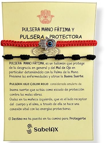 SabelAX Pulsera Hilo color Rojo - Pulsera Mano de Fatima Ojo Turco - Pulsera Protectora - Amuleto Mal de Ojo - Amuletos de Buena Suerte - Hilo color Rojo - Para Mujer, Hombre, Parejas (Negra)