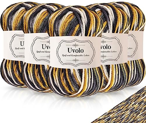 Uvolo Handstrickgarn Farbverlauf 250g(5x50g), Häkelgarn Bunt Regenbogen, Acrylgarn zum Stricken, Baumwolle, Mehrfarbiges Garn zum Stricken Häkeln und Bastel-18 Grau Gelb