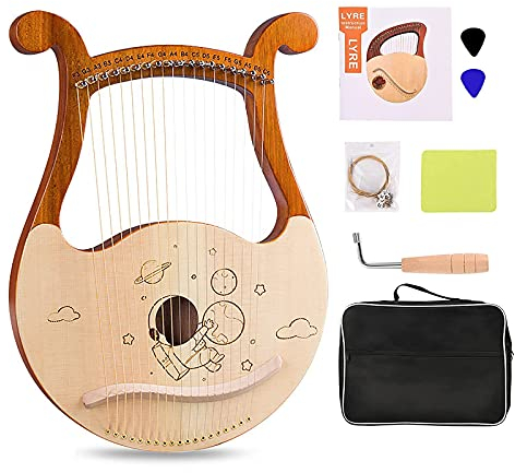 ZAKSEM Nybörjare Lyre Harp, lyra harp, 19 metallsträngar lönn sadel mahogny lyre harpa med stämskiftnyckel, extraktsträngar, manuell och spelväska (färg: A)