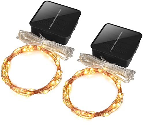 Mini Short Solar Christmas Lights Outdoor Small Solar Powered Waterproof String Light for Firefly Fairy Garden,Patio Lantern, Fence, Railing,Arbor Craft,5m 50LEDs,2 Pack (Warm White)