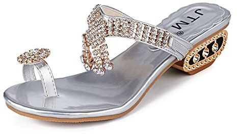 EFTCAL Damen Sommer Strass Niedriger Absatz Zehenring-Sandalen, lässige Schlupf-Sandalen mit Clip-Zehenpartie, Strandpartys, Abendschuhe, Sandalen, silber, 35 EU