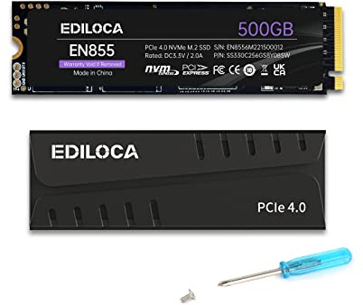 Ediloca EN855 SSD interno da 500 GB con dissipatore di calore PCIe Gen4, NVMe M.2 2280, fino a 7400 MB/s, 3D NAND TLC, configurazione cache DRAM, Unità a stato solido interne, compatibile con PS5 e PC