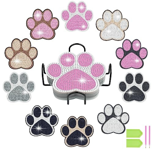 AUAUY 10 Pack Diamant-Maluntersetzer mit Ständer, Katzen-Fußabdruckmuster | Diamond Painting Untersetzer, Diamant Malset, DIY Diamant Kunsthandwerkszubehör, für Anfänger, Erwachsene, Kinder Geburtstag