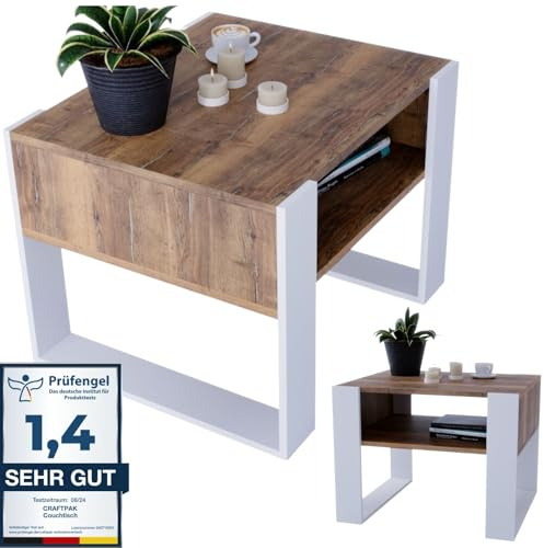 CraftPAK Wohnzimmer Tisch für Couch aus hochwertigem Holz, Stabiler & moderner Couchtisch mit zusätzlicher Ablagefläche, Farbe Retro-Weiß