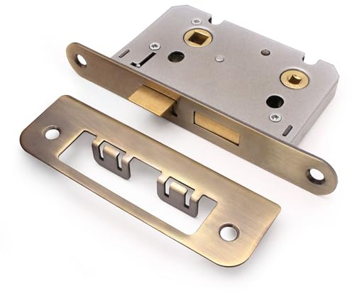 EAI Antique Brass Bathroom Lock with Radius Faceplate, 64mm / 2.5 Inch | Mortice Lock for Internal Doors, 30/60 Minute Fire Tested, Adjustable Keep, Dust Box and Fixings Included