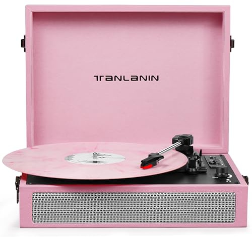 Vintage 3-Speed Bluetooth Record Player with Built-in Speakers, Retro LP Vinyl Player Portable Turntable with USB Recording, Bluetooth Music Playback, RCA/AUX/Headphone Jack, Pink