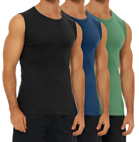 FALARY Camiseta de Tirantes Hombre Pack de 3 Camiseta Interior Hombre Algodón 100% Negro/Azul Marino/Oliva L