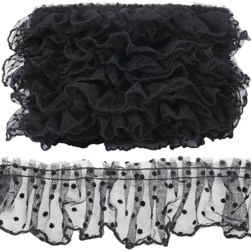GORGECRAFT 10M Nastro In Pizzo Arricciato 6cm di Larghezza Ondulato Punto Pieghettato Ricamato Rete Bordo In Pizzo Nastro Tessuto Abito Da Sposa Abito Da Sposa Applicazioni Bordatura Passamaneria Nero