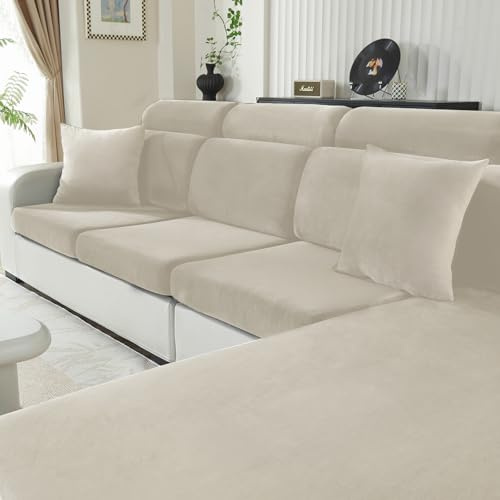 CYCMACO Funda Asiento Sofa Terciopelo Chaise Longue, Beige | Elástica Funda Cojin Sofa Ajustable Protector, Antideslizante, Separado, Universal, Lavable