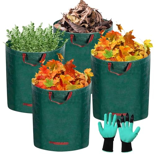 YIYADI Sacchi da giardinaggio,4x 300LSacchi per rifiuti da giardino,Giardinaggio - Impermeabili,Polipropilene (PP)-Robusto,e riutilizzabili Borsa da Giardino,Include Guanti protettivi