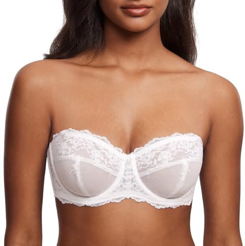 DOBREVA Women's Lace Strapless Bra See Through Unlined Sheer Convertible Underwire Plus Size Bras White 38F