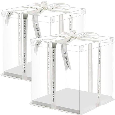 MIXMIO Transparent Tall Cake Carrier Boxes, 2 PCS With Lids And Ribbon for 10 Inch Cakes, PET Gift Boxes (Transparent, 10 Inch)