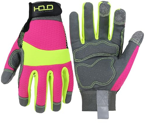 HANDLANDY Hi-vis Reflective Work Gloves for Women, Anti Vibration Gloves for Mowing, Power Tools (Hi-vis Yellow Pink, Medium (Pack of 1))