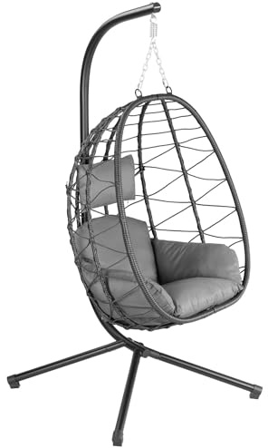 HinHocker Silla Colgante con Soporte, Cojín y Almohadilla | Color Antracita | Columpio Colgante para Interior y Exterior | Estructura Metálica, Columpio de Jardín/Terraza, Silla Colgante Huevo