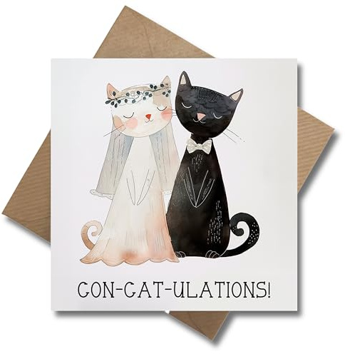WBdesignz süße Katzen Hochzeit Glückwunschkarte mit Umschlag - Geschenk Karte Heirat Trauung - Lustiges Wortspiel Con-Cat-Ulations! - Glückwunsch Liebe - Ehe Paar Katzenliebhaber (125 x 125 mm)