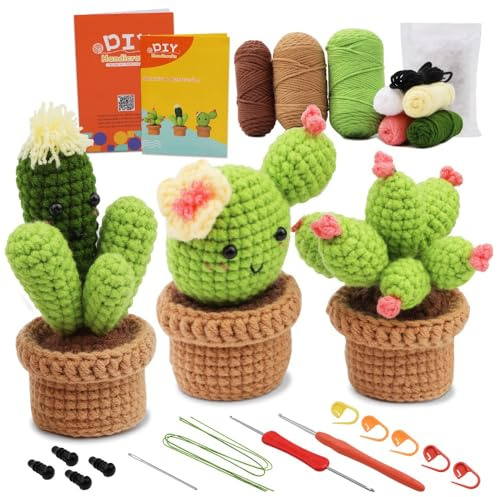 SSDH Kit All'uncinetto per Principianti Kit All'uncinetto Con Cactus in Confezione da 3 Kit All'uncinetto Con Girasoli a Forma di Animale Carino Con Istruzioni e Video Tutorial (Cactus verde)