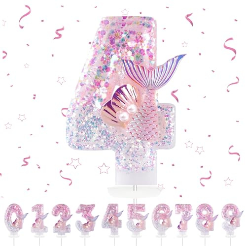 Geburtstagskerzen Zahlen 4,3D Meerjungfrau Geburtstagskerzen,Rosa Geburtstag Kerzen 4, Kuchen Topper Dekoration Kuchendeko Geburtstag, Geburtstagskerzen für Geburtstagsdeko