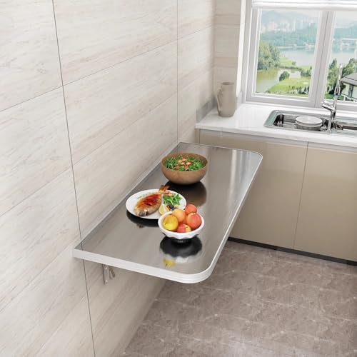 Banco da lavoro pieghevole da parete resistente con piano in acciaio inossidabile salvaspazio e ripiano portaoggetti per ufficio, casa, cucina, studio, 80 x 40 cm