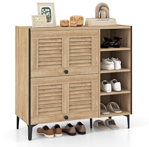 COSTWAY Wooden Shoe Cabinet, Freestanding Shoe Cupboard with Flip Doors and Adjustable Shelves, 5 Metal Legs Shoe Storage Organiser Footwear Rack for Hallway Entryway (Sliding Louver Doors, Oak)