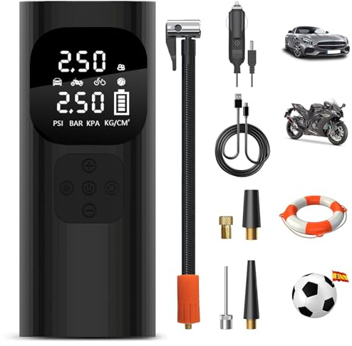 Hexinex 10000mAh Compresor Aire Portatil 150PSI &Power Bank, Inflador Ruedas Coche Cableado o Inalámbrico con Pantalla LCD Digital y LED SOS, Bomba de Aire Bicicletas, Scooters, Moto, Coche, Pelotas