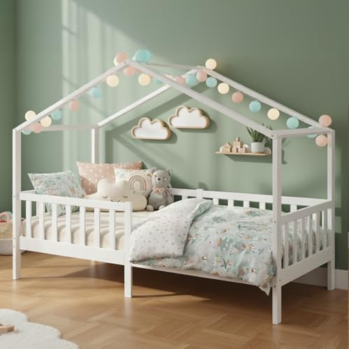 Bellabino Bia Kinderbett 80x160 cm, Hausbett, Weiß, mit Rausfallschutz | Montessori Holzbett aus Massivholz Kiefer, mit Lattenrost, für Jungen & Mädchen, Kinderzimmermöbel, Bettgestell, Holzrahmen