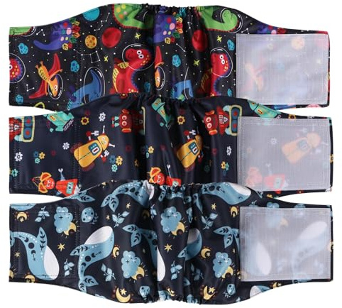 Hisprout männliche Hundewindeln 3-Pack waschbare Wiederverwendbare Hundewindel für männliche hoch saugfähige Hundewickeln mit flexiblem Klettverschluss(Whale/Robot/Dinosaur,L)
