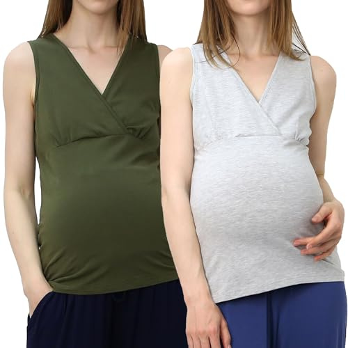 OCCIENTEC 2-pack mammalinne av bomull ärmlös mamma-topp amningslinne, Grå-armégrön, L