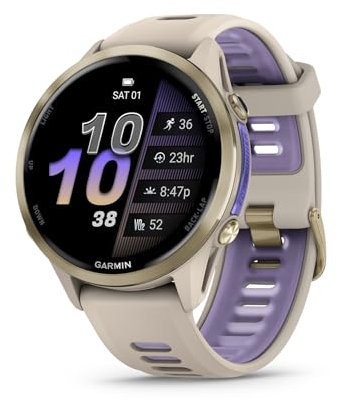 Garmin® Forerunner® 970, Premium GPS Running and Triathlon Smartwatch, AMOLED Display, Built-in LED Flashlight, Soft Gold Titanium with French Gray Case and French Gray/Translucent Indigo Band