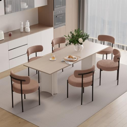 Hawthyhome Esszimmerstühle 6er Set Teddy Stoff Gepolstert Stuhl Grau-Braun | Runde Boucle Esszimmerstuhl,Mid-Century Stühle Esszimmer mit Metallbeinen und Rückenlehne für Esszimmer,Wohnzimmer, Büro