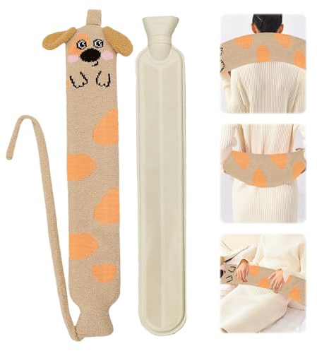 Lvjkes Borsa Acqua Calda Lunga, Borsa Acqua Calda Peluche, 2 Litri 72x12 cm Borsa Dellacqua Calda in Gomma con Coperchio, Adatto per collo, pancia e schiena, alleviare il dolore (Giallo/Cucciolo)