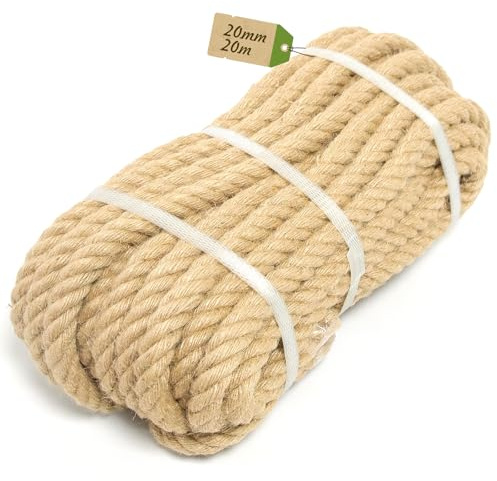 Corde Jute Naturelle 20mm x 20m – Corde Végétale Ultra Épaisse pour Décoration Rustique, Bricolage, Jardin & Maison | Ficelle Résistante Style Chanvre | Rampe Escalier, Suspension DIY
