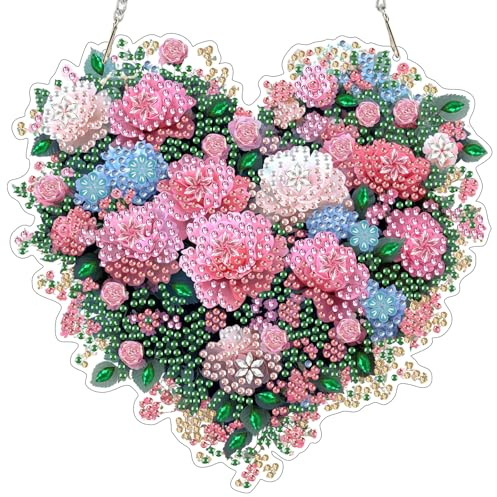 MEIYUDA Hanging Diamond Art Kits Adults Heart Flower, Special Shaped Crystal Rhinestone Suncatcher, 5D Diamond Art for Adults Beginners Kids DIY Kits, Window Hanging Ornament