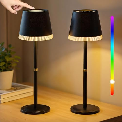 OUTON 2 Pièces Lampe de Table Sans Fil avec 3 Modes de Couleur & Lumière RGB, Lampe LED Rechargeable, Commande Tactile, Luminosité Réglable en Continu, Mémoire, IP54 pour Chambre, Bar & Café, Noir