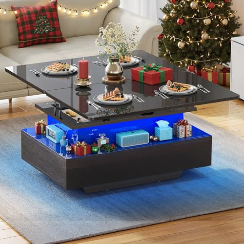 YITAHOME Mesa de Centro Elevable y Extensible, 4 en 1 Mesa Centro Convertible Brillante Moderna con LED Y 2 Cajones, Adecuado para Salon de Estar y Fiestas de Mesa