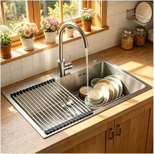 55 x 45 cm Brushed Kitchen Sink, Scratch-Resistant Surface, Stainless Steel Sink, Kitchen Sink with Drain Fitting, Includes Dish Drainer Dish Drainer Overflow, Soap Dispenser, Built-in Sink, 1 Bowl