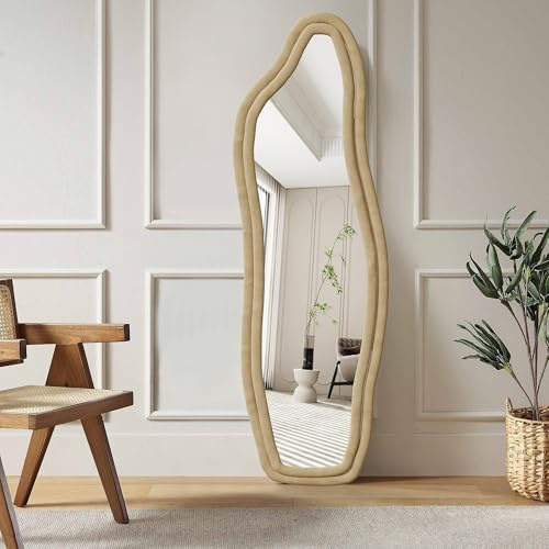 Julyue Specchio asimmetrico, telaio in velluto, specchio unico per tutto il corpo, specchio da parete HD, specchio per il trucco irregolare, autoportante o montaggio a parete. (oro, 160 × 50 cm)