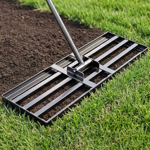 Tegarbed Lawn Leveling Rake 30x10 inch, Heavy Duty Ground Leveler for Soil, Sand, Effortless Smooth Use & Easy Assembly Stainless Steel Landscape Rake for Backyard, Garden, Golf Course, Black