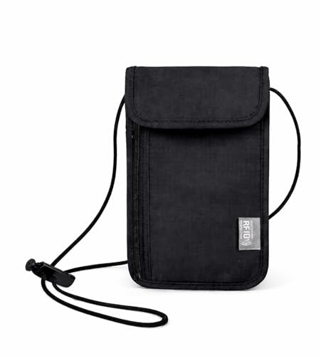 MIMOX Neck Pouch with RFID Protection, Diebstahlsicher, Unisex Reise-Geldbörse, Wasserdicht, Schwarz, für Reisepass, Kreditkarten, Smartphone, Münzen